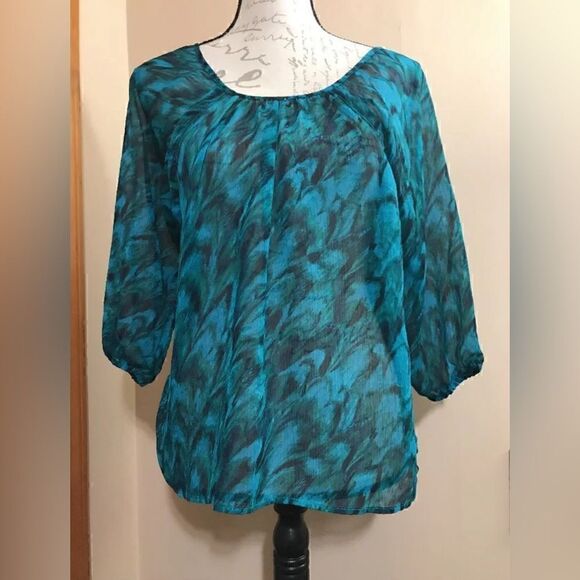 Express Women's 3/4 Sleeve Blue Swirled Pattern Semi Sheer Top Shirt - Size S - Picture 8 of 8
